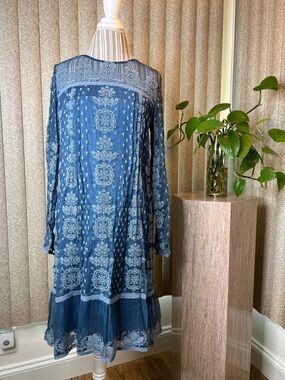 Sundance Blue Printed Long-Sleeve Midi Dress